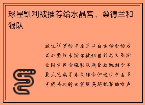 球星凯利被推荐给水晶宫、桑德兰和狼队